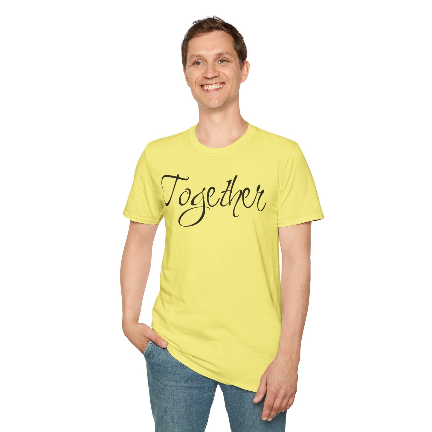 Farbenfrohes Valentinstag-T-Shirt für Paare mit großem Text „TOGETHER“