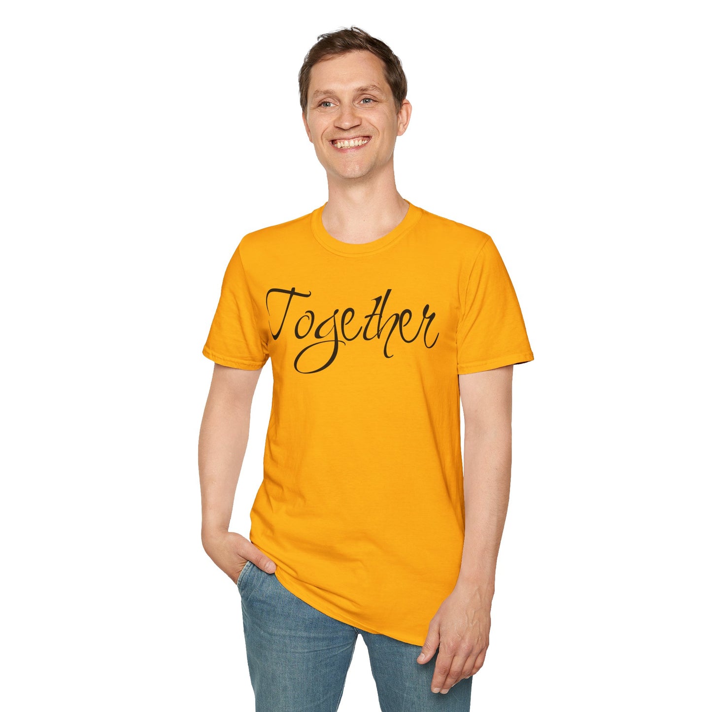 Farbenfrohes Valentinstag-T-Shirt für Paare mit großem Text „TOGETHER“