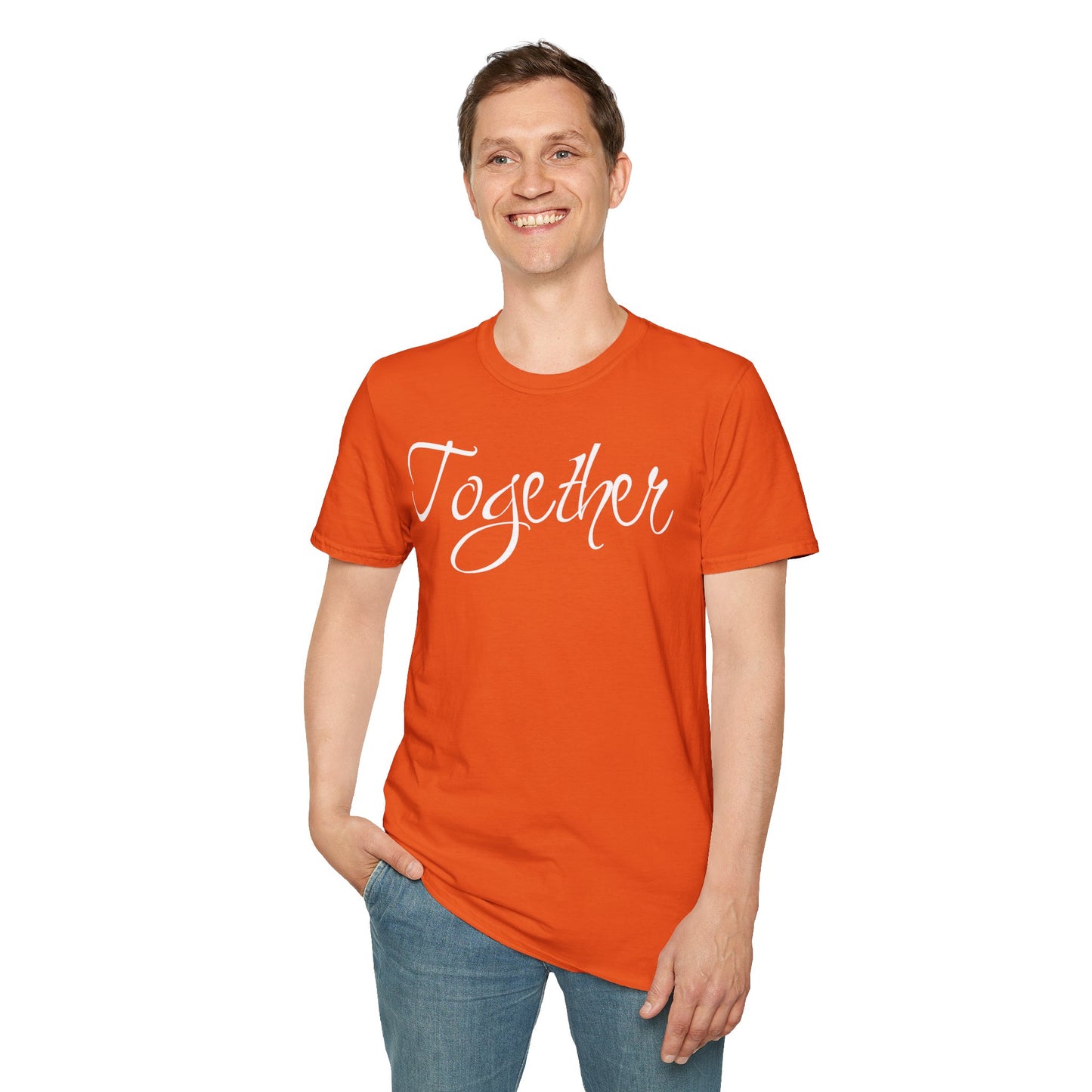 Farbenfrohes Valentinstag-T-Shirt für Paare mit großem Text „TOGETHER“