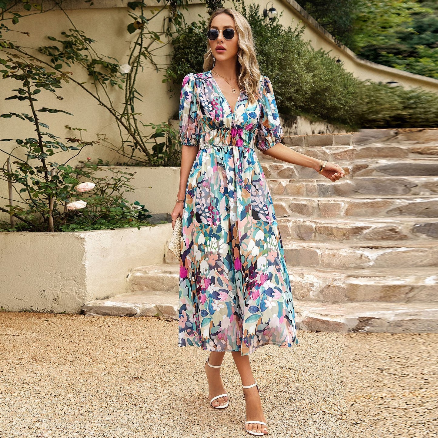 NGTG Colorful Abstract Floral Pattern V-Neck Summer Dress