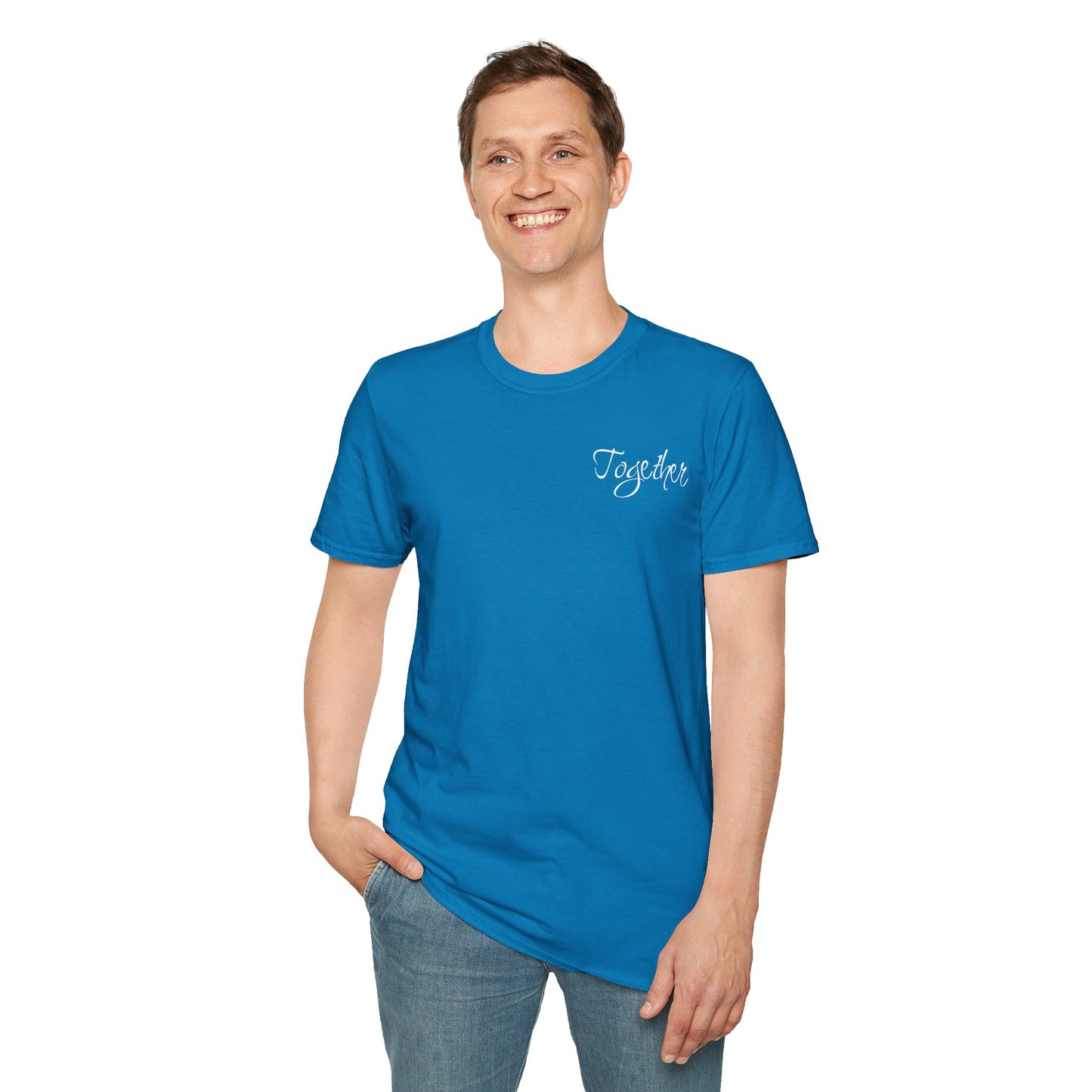 Farbenfrohes Valentinstag-T-Shirt für Paare mit KLEINEN Text „TOGETHER“