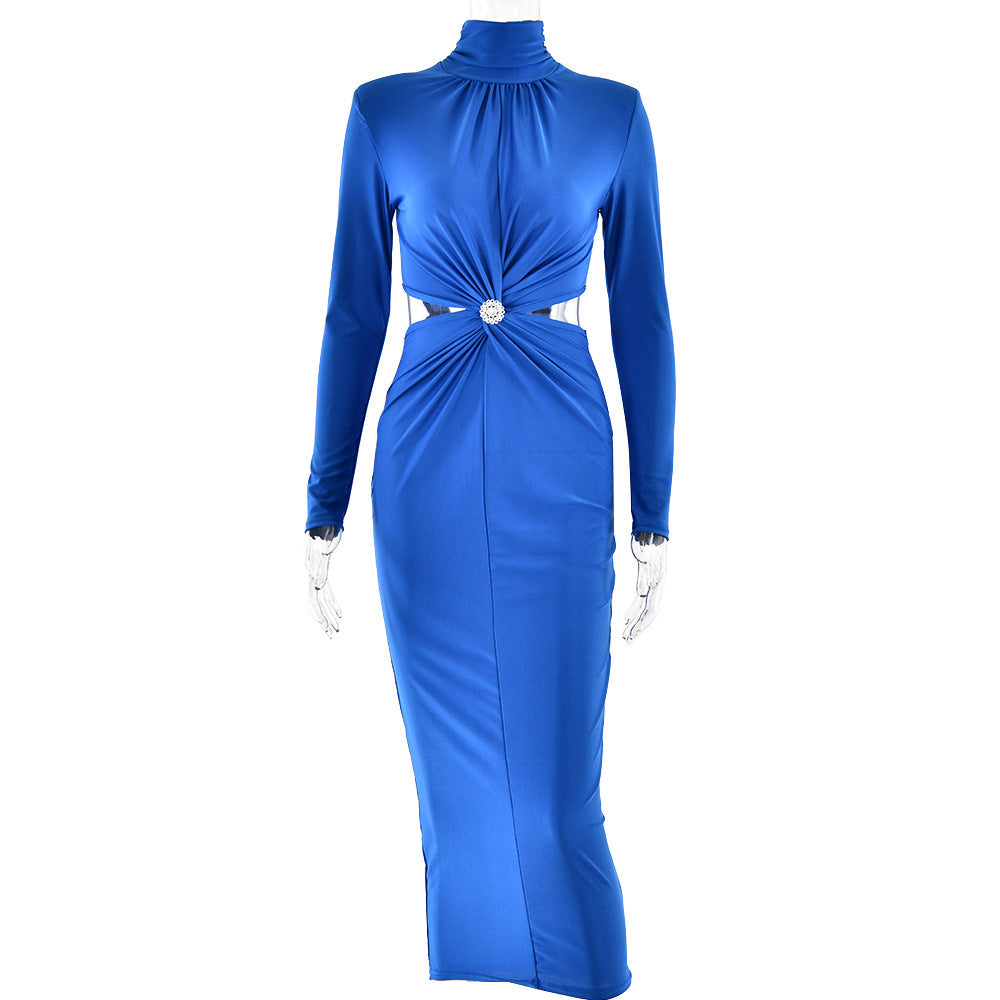 NGTG Stylish Elegance Long Sleeve Pleated Side Cutout Mock Dress