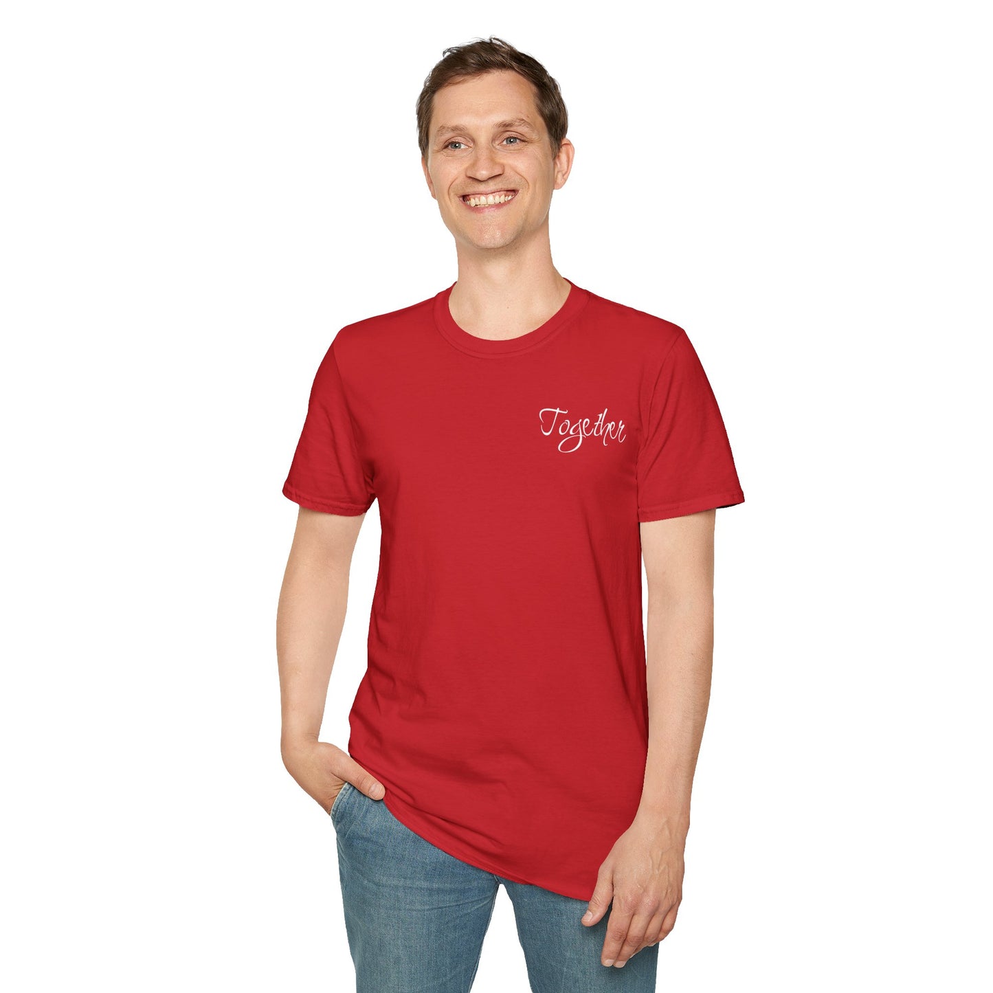 Farbenfrohes Valentinstag-T-Shirt für Paare mit KLEINEN Text „TOGETHER“
