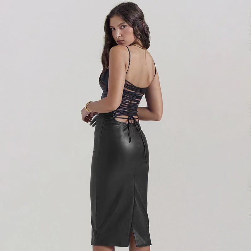 NGTG Chic Faux Leather Slim Fit Strappy Back Midi Dress