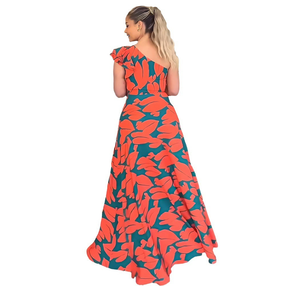NGTG Asymmetrical One-Shoulder Print High-Waist Dress
