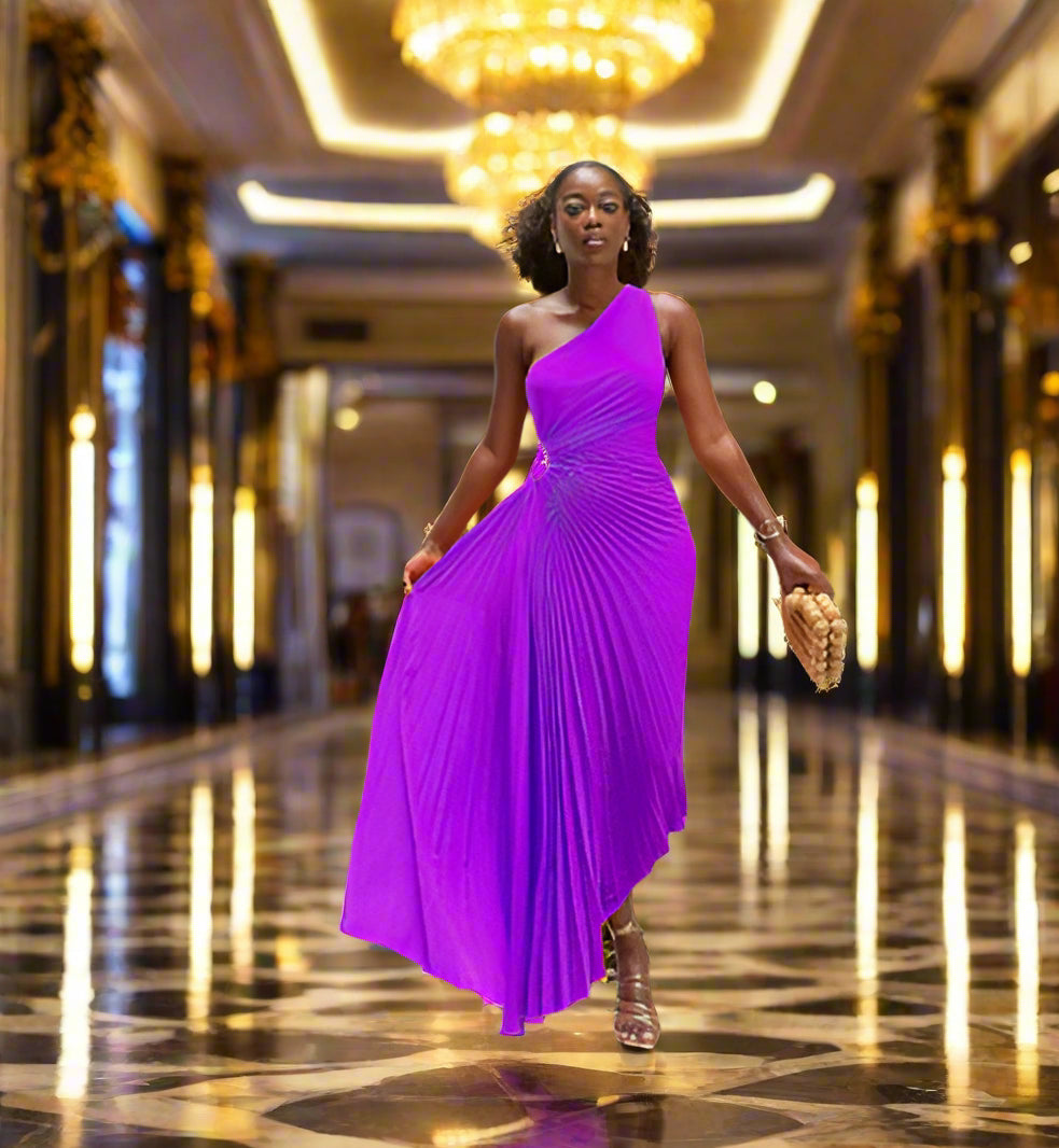 NGTG Asymmetrical Solid Color Pleated Party Dress