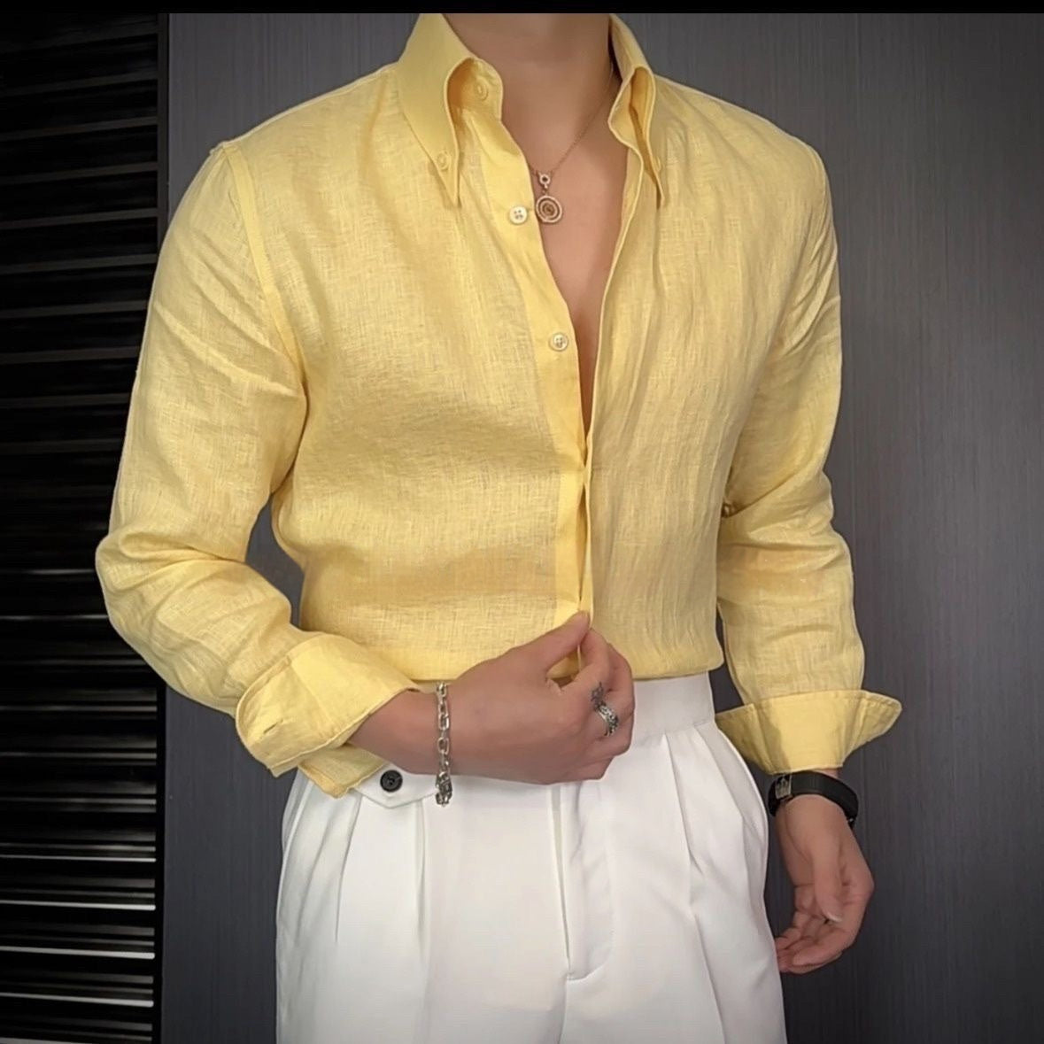 NGTG MACHOPRO Men's Elegant Fashionable Slim Fit Linen Long-Sleeves Shirt