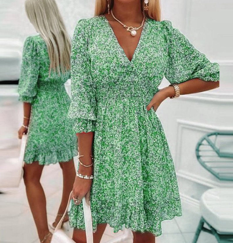NGTG Casual Summer Floral Dress with Elegant V-Neck and Puff Sleeve Style, Floral Boho Sweet Style Above the Knee Dress