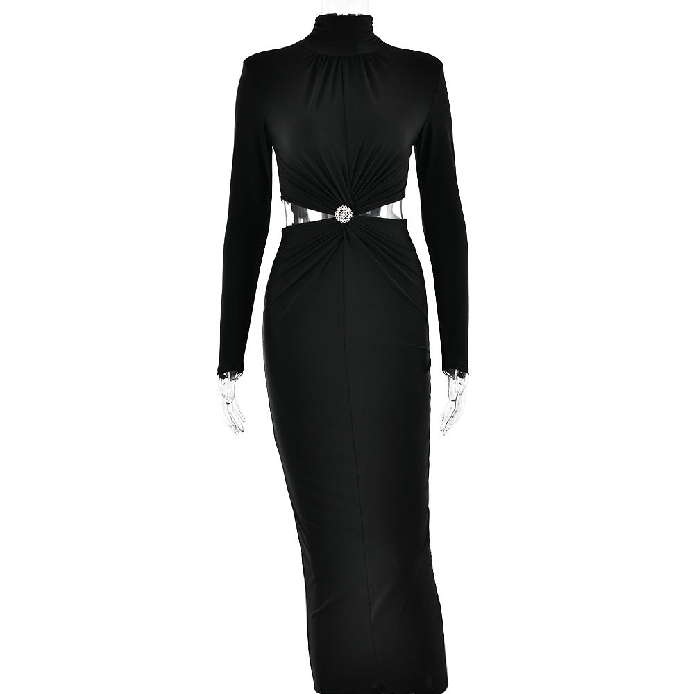 NGTG Stylish Elegance Long Sleeve Pleated Side Cutout Mock Dress