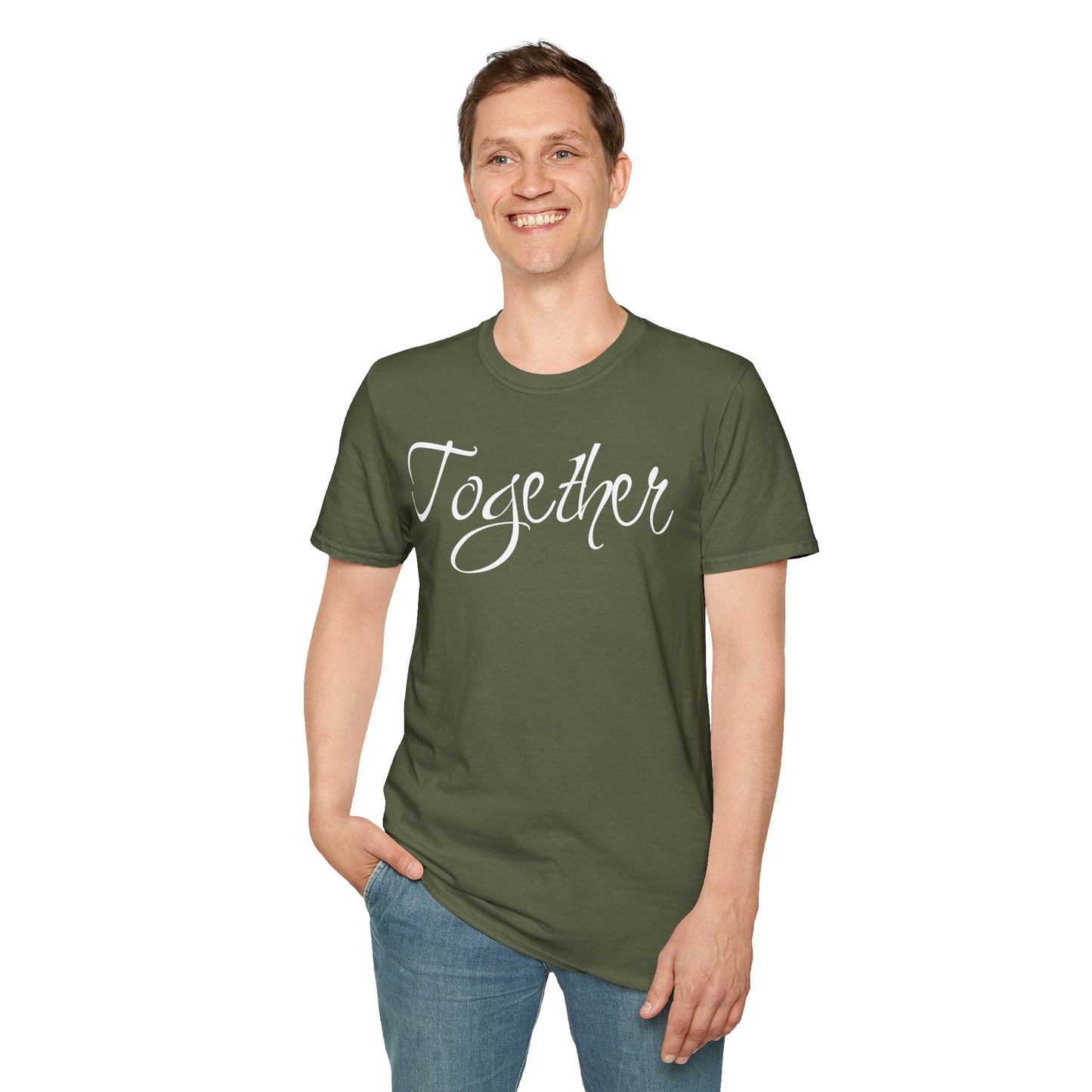 Farbenfrohes Valentinstag-T-Shirt für Paare mit großem Text „TOGETHER“