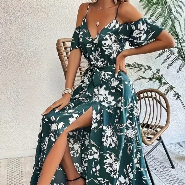 NGTG Split Floral Maxi Summer Dress, Sexy Floral Boho Style V-Neck Summer Dress