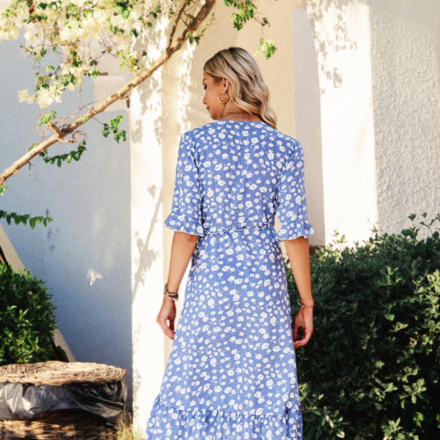 NGTG Ruffled V-Neck Boho Wrap Midi Dress, Summer V-Neck Floral Boho Dress