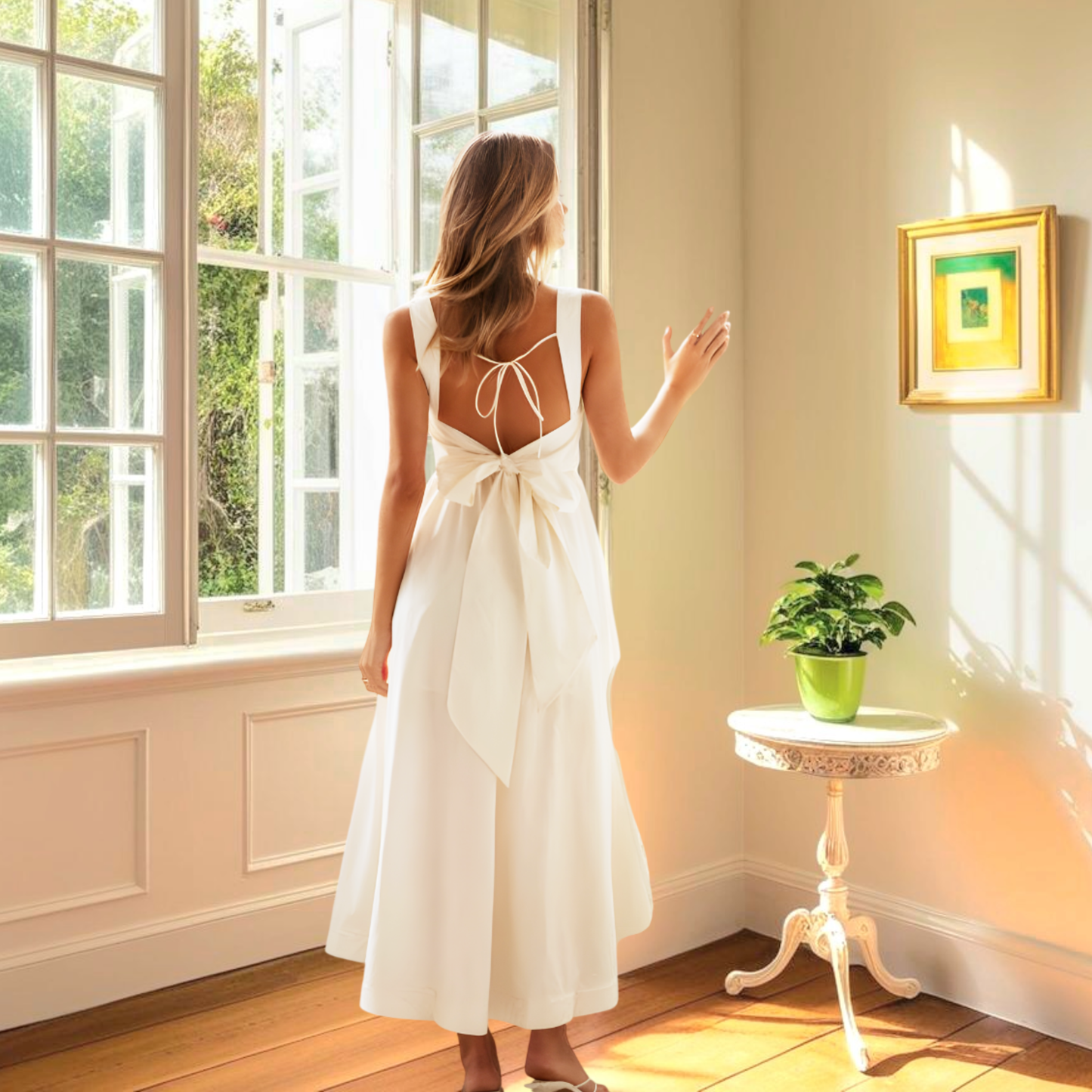 NGTG Lovely White Lace-up Ribbon Sling Maxi Long Dress