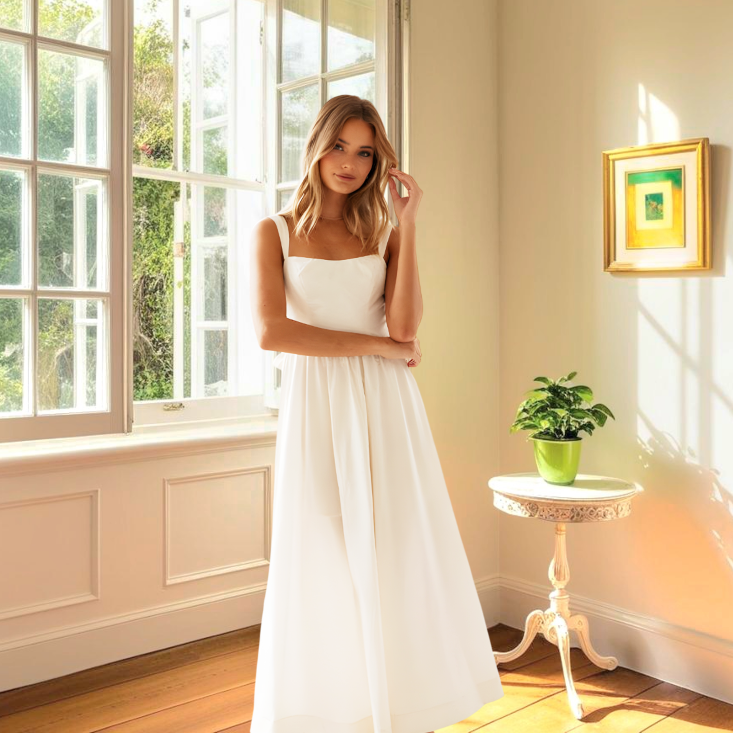 NGTG Lovely White Lace-up Ribbon Sling Maxi Long Dress