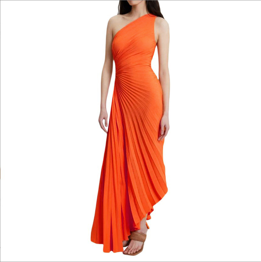 NGTG Asymmetrical Solid Color Pleated Party Dress