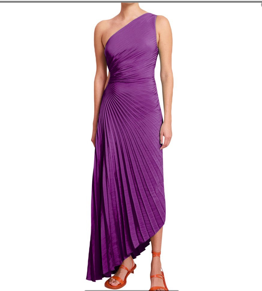 NGTG Asymmetrical Solid Color Pleated Party Dress