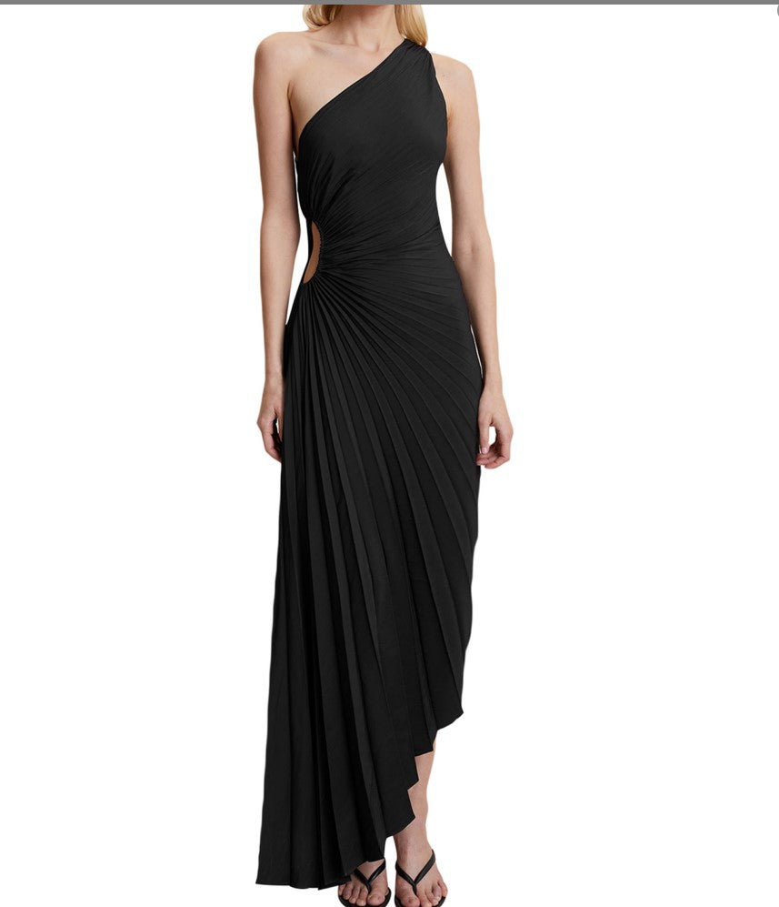 NGTG Asymmetrical Solid Color Pleated Party Dress
