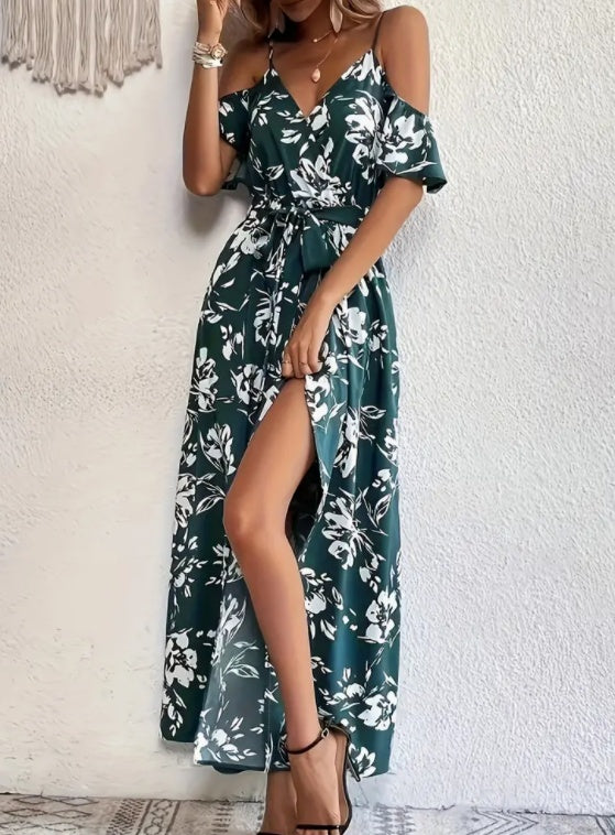 NGTG Split Floral Maxi Summer Dress, Sexy Floral Boho Style V-Neck Summer Dress