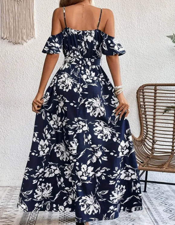 NGTG Split Floral Maxi Summer Dress, Sexy Floral Boho Style V-Neck Summer Dress