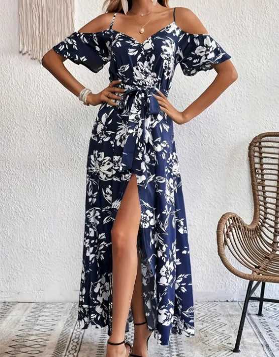 NGTG Split Floral Maxi Summer Dress, Sexy Floral Boho Style V-Neck Summer Dress