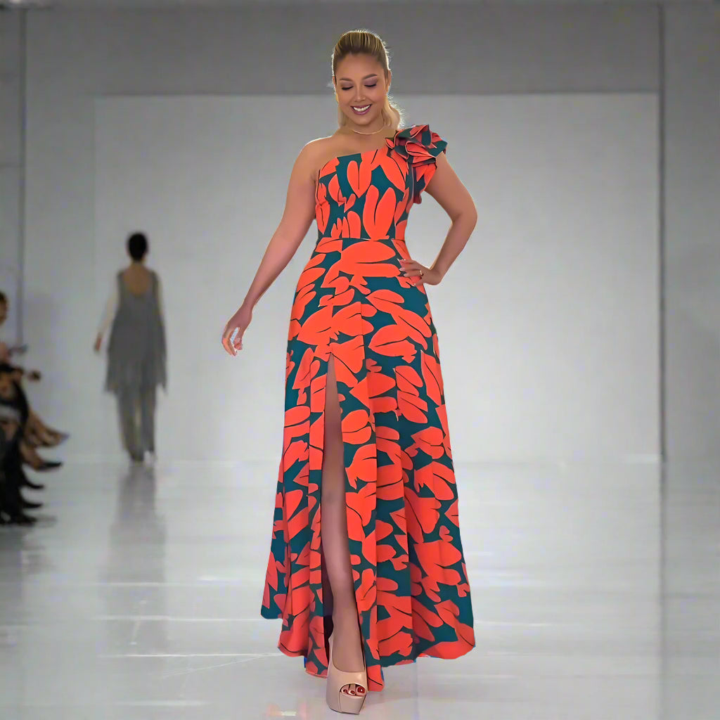 NGTG Asymmetrical One-Shoulder Print High-Waist Dress