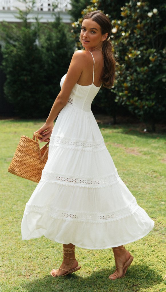 NGTG White Boho Lace Maxi Sundress, Flowy White Beach Dress