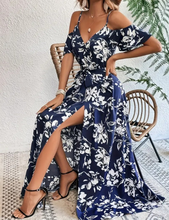NGTG Split Floral Maxi Summer Dress, Sexy Floral Boho Style V-Neck Summer Dress