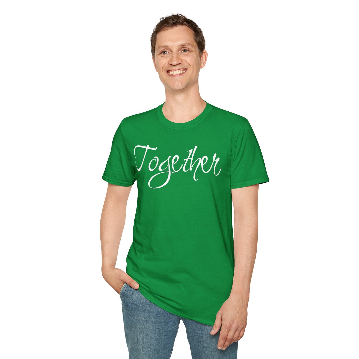 Farbenfrohes Valentinstag-T-Shirt für Paare mit großem Text „TOGETHER“
