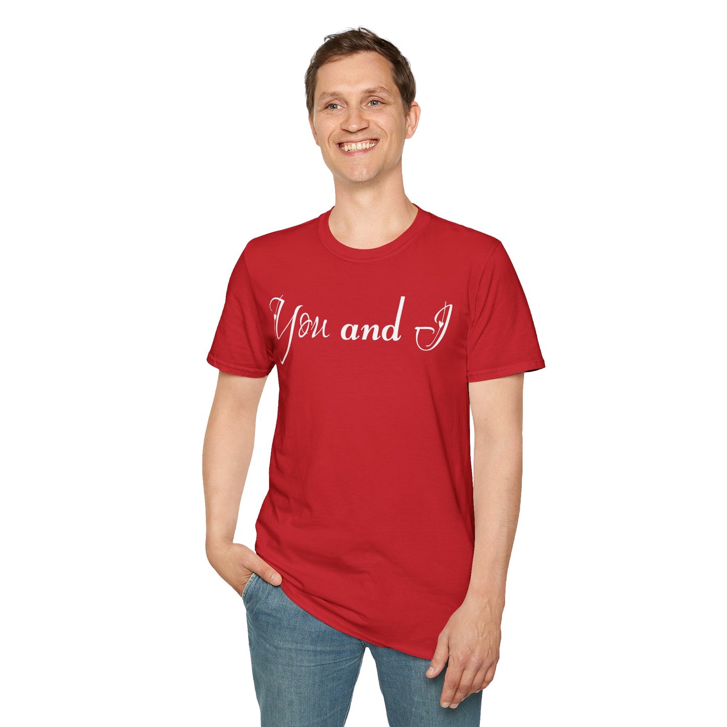 Farbenfrohes Valentinstag-T-Shirt für Paare mit einem GROSSEN Text „DU UND ICH“