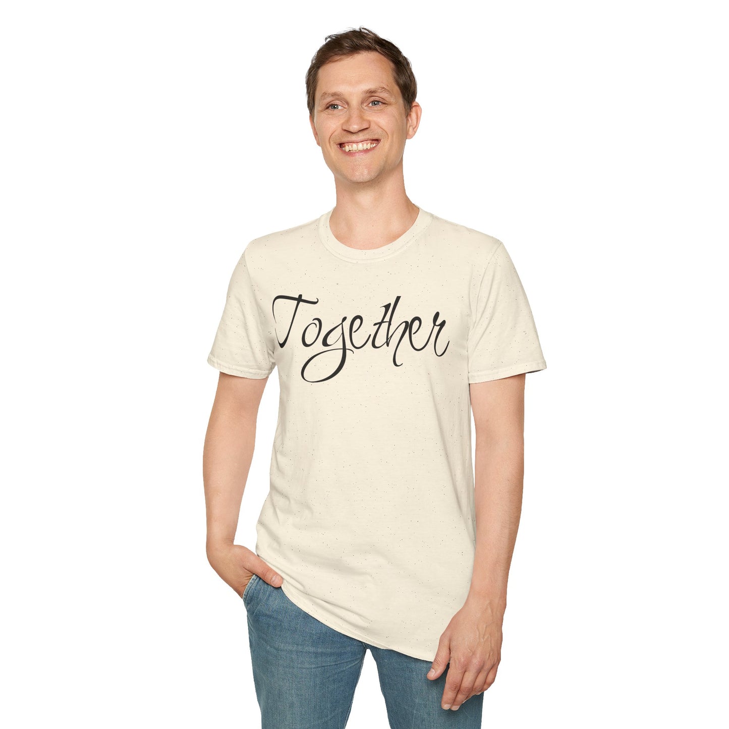 Farbenfrohes Valentinstag-T-Shirt für Paare mit großem Text „TOGETHER“