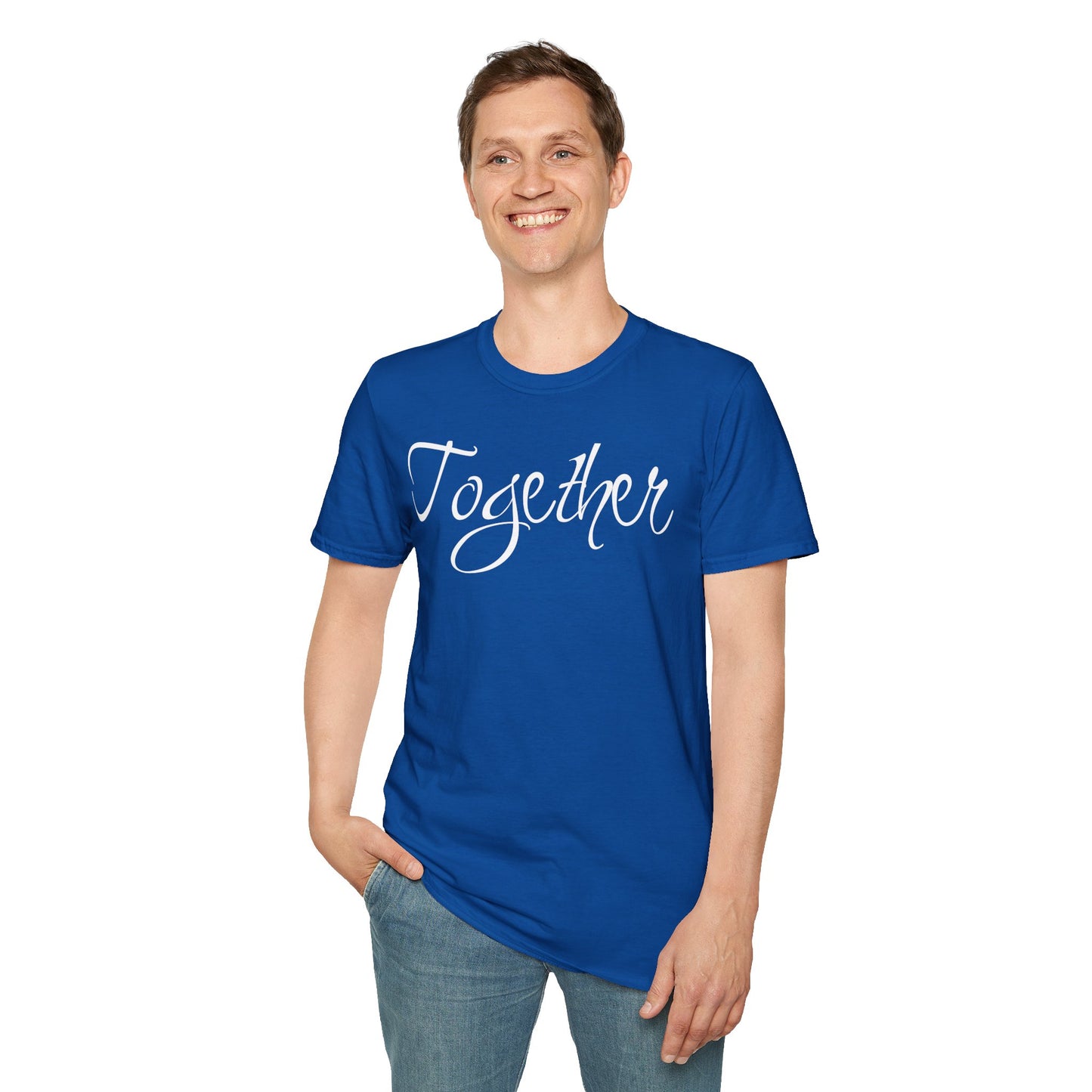 Farbenfrohes Valentinstag-T-Shirt für Paare mit großem Text „TOGETHER“