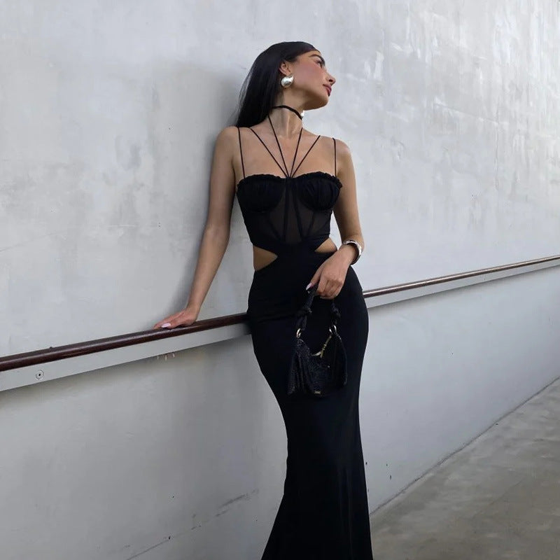 NGTG Sexy Hot Mesh Cutout Long Black Dress
