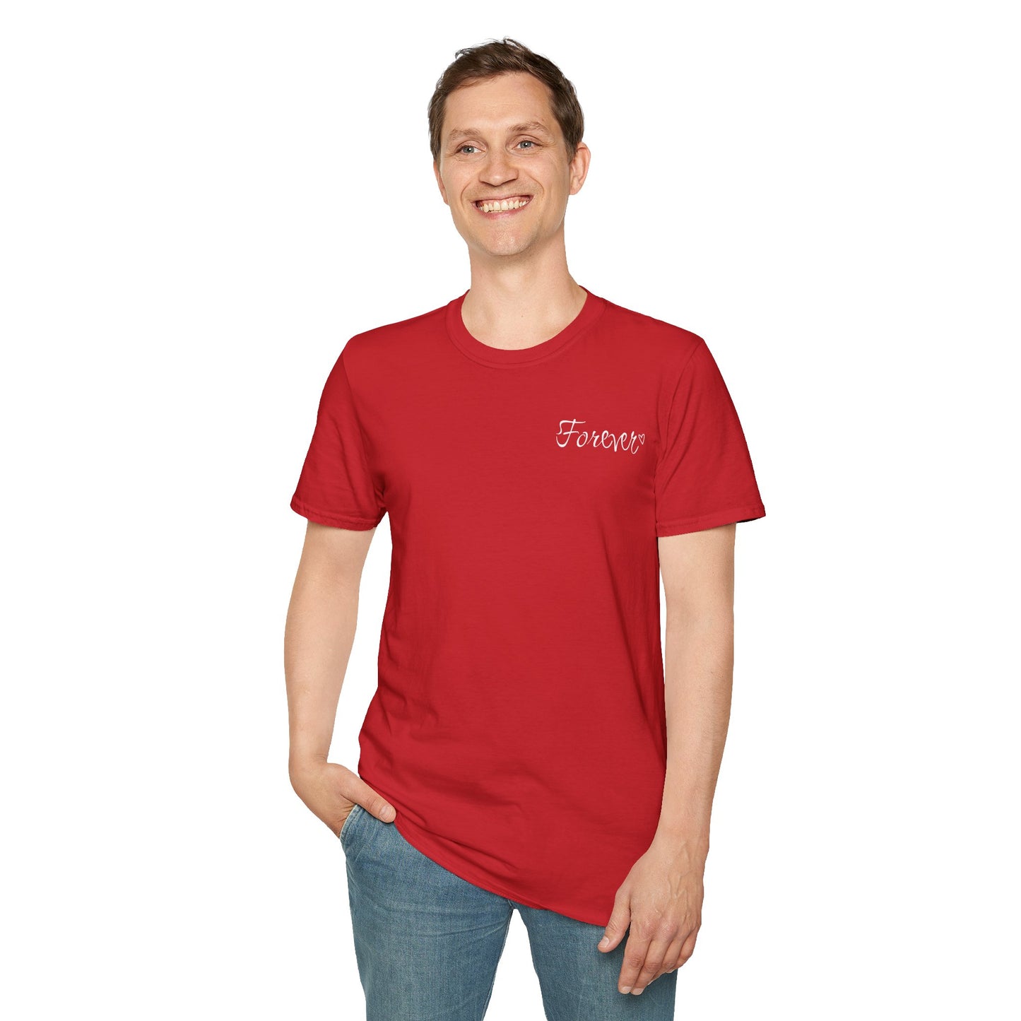 Farbenfrohes Valentinstag-T-Shirt für Paare mit KLEINEN Text „FOREVER“