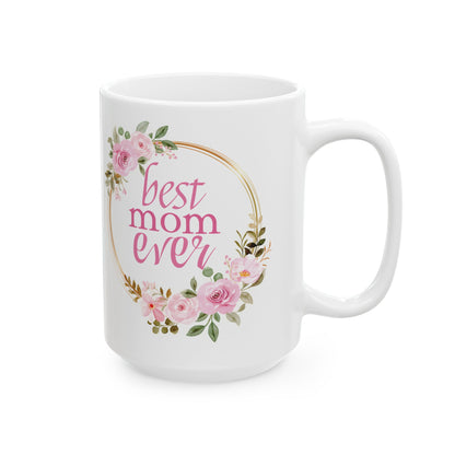 Floral C-Shaped Mug for Mom, Best Mom Ever, Popular White Floral Mug for Mom
