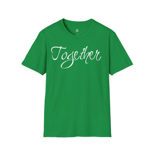 Farbenfrohes Valentinstag-T-Shirt für Paare mit großem Text „TOGETHER“