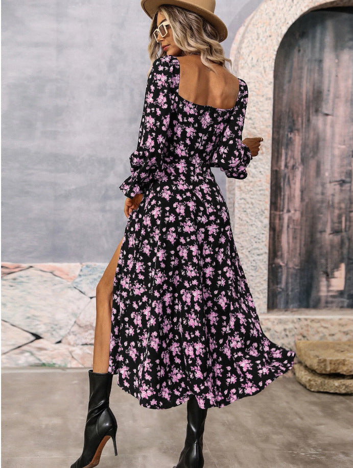 NGTG Spring Floral Print Square-Neck Long Sleeve Dress with Slit