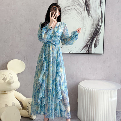 NGTG Van Gogh Celestial Chiffon Ruffled Maxi Dress