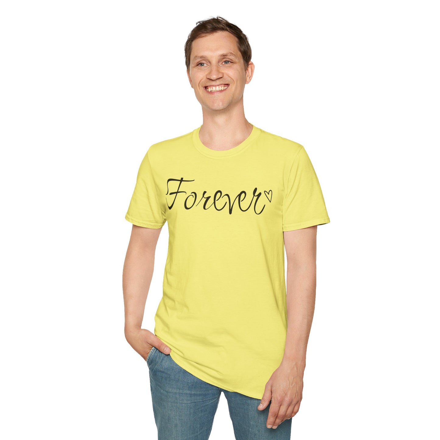 Farbenfrohes T-Shirt für Paare zum Valentinstag mit großem Text „FOREVER“