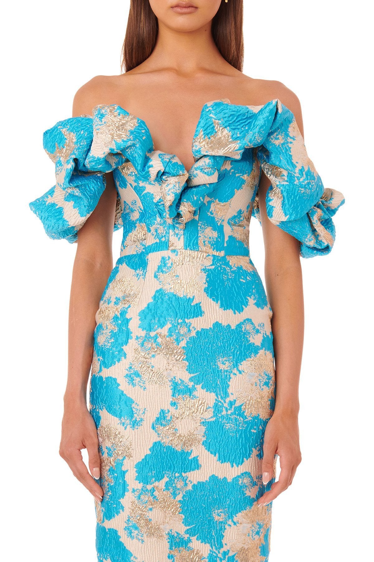 NGTG Red Carpet Off-Shoulder Stunning Yellow Jacquard Sheath Dress