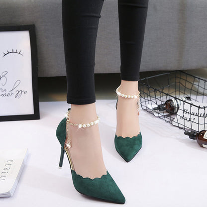 NGTG ANASTASIA Red Suede Heels with Pearl Strap