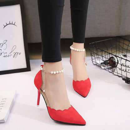 NGTG ANASTASIA Red Suede Heels with Pearl Strap