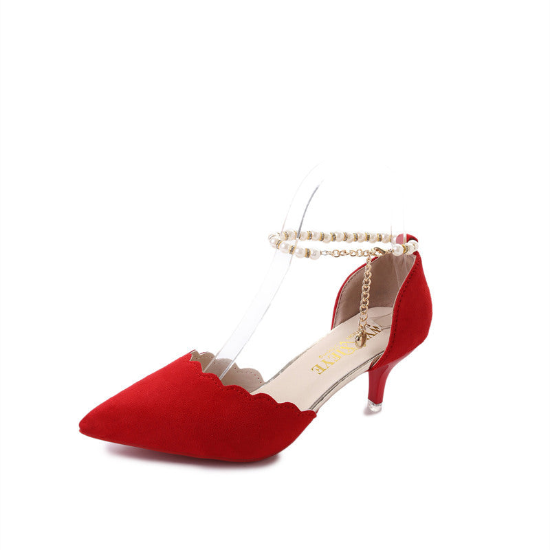 NGTG ANASTASIA Red Suede Heels with Pearl Strap