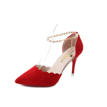 NGTG ANASTASIA Red Suede Heels with Pearl Strap