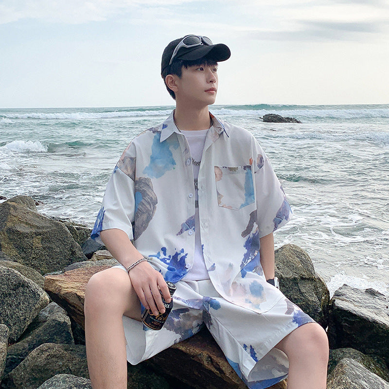 NGTG IVORY Men's Painted Horizons Beach Pairs – Van Gogh-Inspired Summer Holiday Shirts