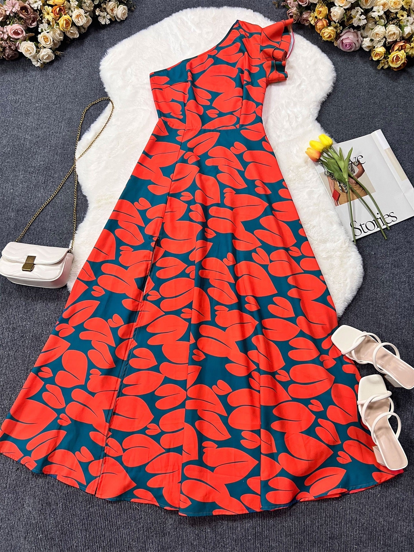 NGTG Asymmetrical One-Shoulder Print High-Waist Dress