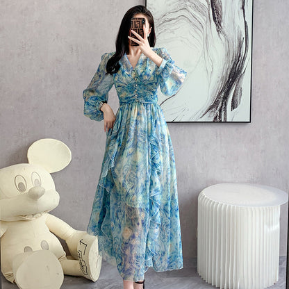 NGTG Van Gogh Celestial Chiffon Ruffled Maxi Dress