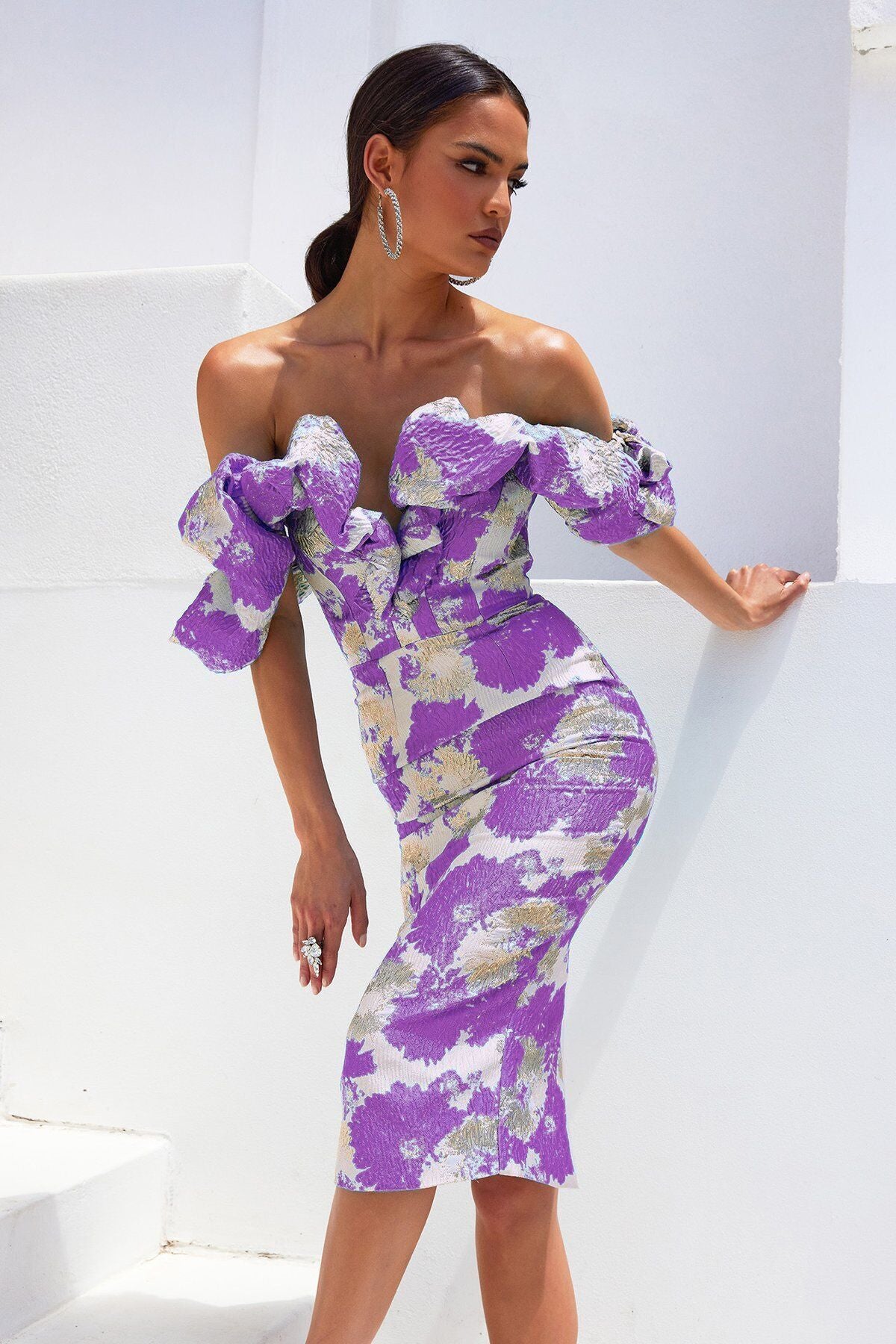 NGTG Red Carpet Off-Shoulder Stunning Yellow Jacquard Sheath Dress