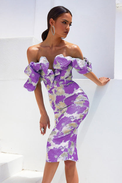 NGTG Red Carpet Off-Shoulder Stunning Yellow Jacquard Sheath Dress