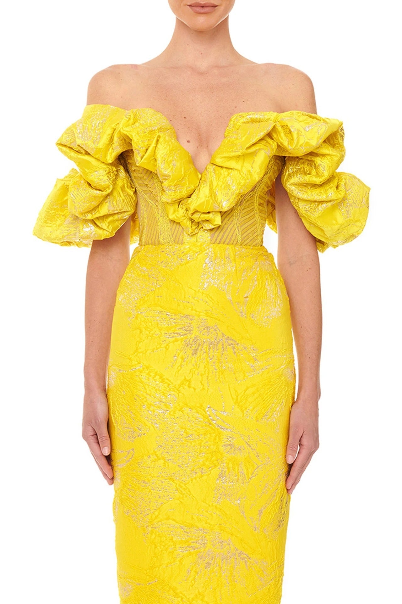 NGTG Red Carpet Off-Shoulder Stunning Yellow Jacquard Sheath Dress