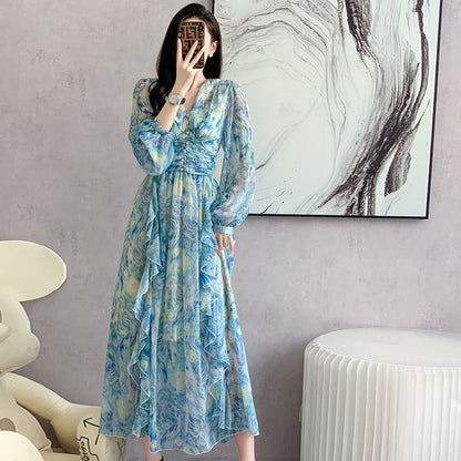 NGTG Van Gogh Celestial Chiffon Ruffled Maxi Dress